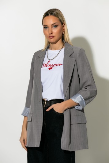 Ριγέ blazer με φόδρα και βάτες μπεζ