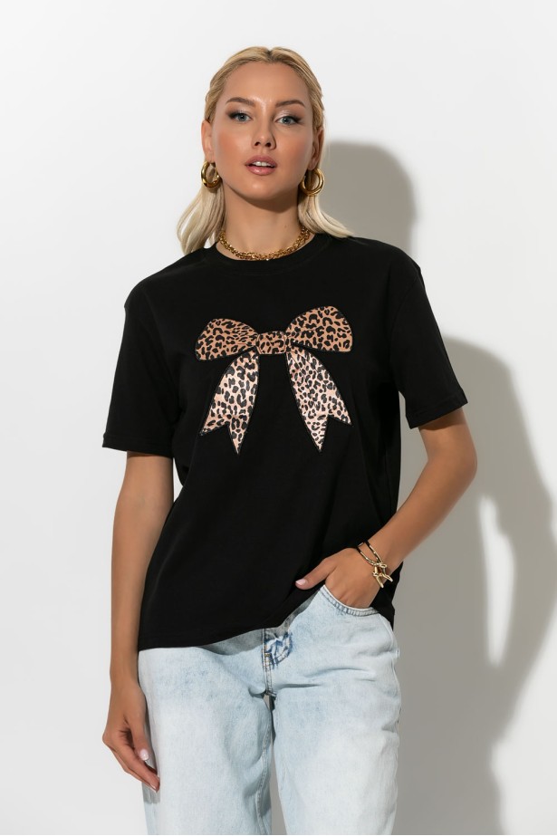 T-shirt με leopard φιόγκο μαύρο