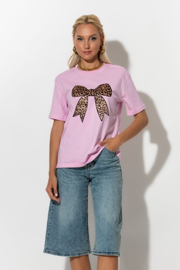 T-shirt με leopard φιόγκο ροζ