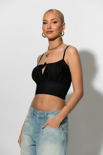 Crop top τιραντέ με κορδόνι μπροστά μαύρο