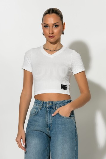 Crop top V κοντομάνικο λευκό