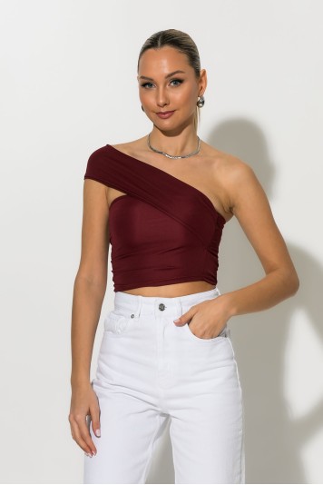 Crop top με ασύμμετρο ένα ώμο μπορντό