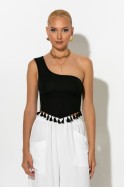 Ριπ crop top με ένα ώμο και κρόσια μαύρο Ριπ crop top με ένα ώμο και κρόσια μαύρο