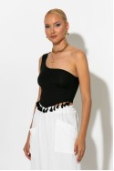 Ριπ crop top με ένα ώμο και κρόσια μαύρο Ριπ crop top με ένα ώμο και κρόσια μαύρο