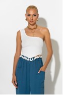 Ριπ crop top με ένα ώμο και κρόσια λευκό Ριπ crop top με ένα ώμο και κρόσια λευκό