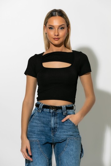 Ριπ crop top με άνοιγμα στο ντεκολτέ μαύρο