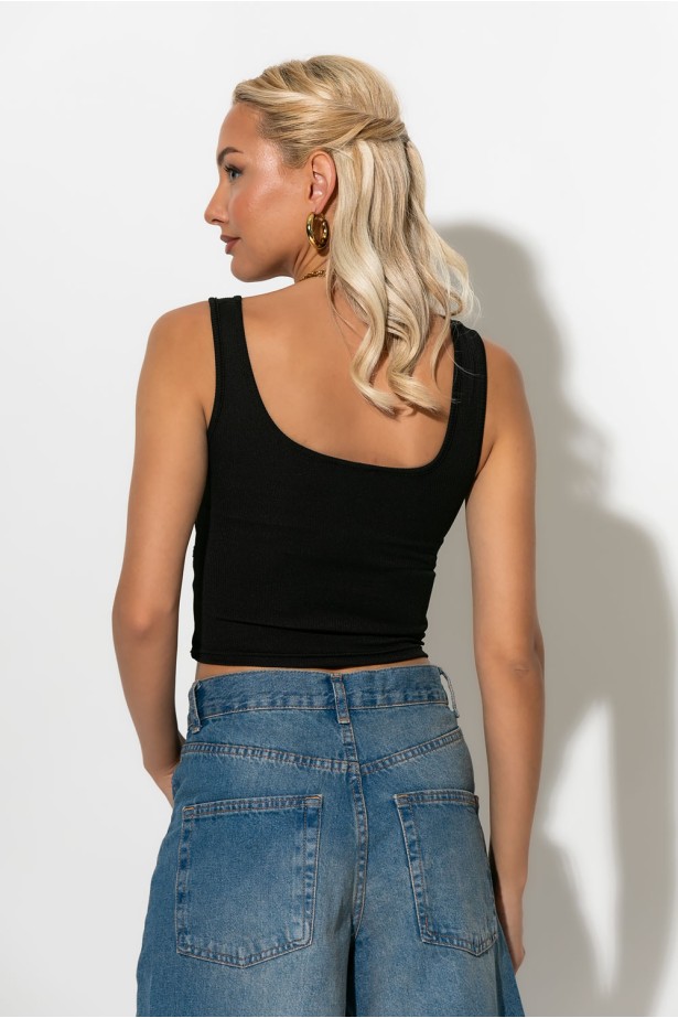 Τιραντέ crop top με λεπτομέρεια ραφές μαύρο Τιραντέ crop top με λεπτομέρεια ραφές μαύρο