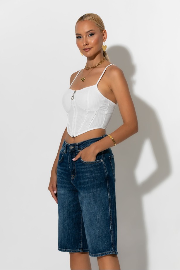 Crop top τιραντέ με φερμουάρ λευκό Crop top τιραντέ με φερμουάρ λευκό