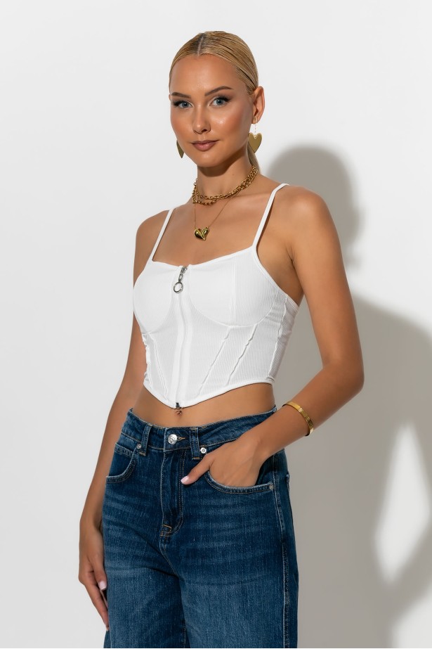 Crop top τιραντέ με φερμουάρ λευκό Crop top τιραντέ με φερμουάρ λευκό