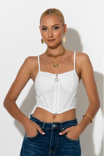 Crop top τιραντέ με φερμουάρ λευκό