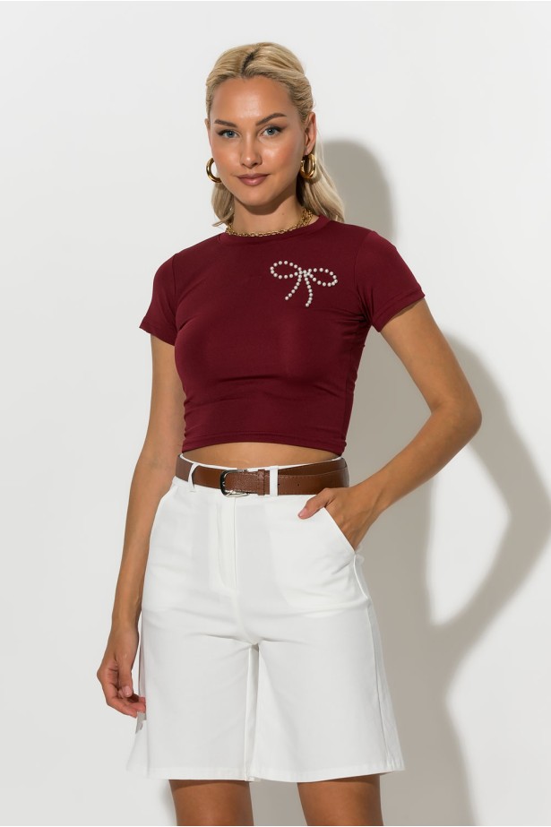 Crop top με φιογκάκια απο πέρλες μπορντό Crop top με φιογκάκια απο πέρλες μπορντό