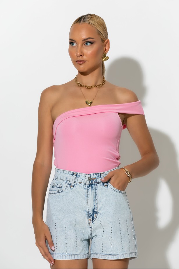 Crop top με έναν ώμο και κορδόνια στο πλάι ροζ Crop top με έναν ώμο και κορδόνια στο πλάι ροζ