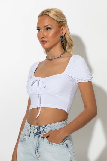 Crop top κοντομάνικο με κορδόνι στο στήθος μαύρο