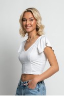 Crop top με βολάν στο μανίκι και δέσιμο πίσω λευκό Crop top με βολάν στο μανίκι και δέσιμο πίσω λευκό