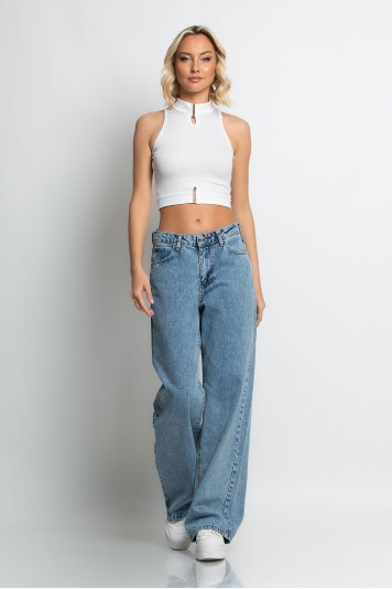 Crop top ριπ με ψηλό λαιμό και αγκράφες κόκκινο