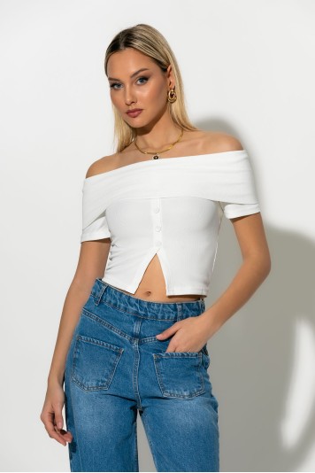 T-shirt bardot με κουμπιά λευκό