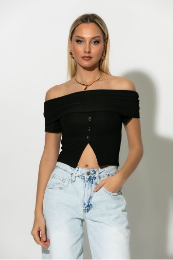 T-shirt bardot με κουμπιά λευκό
