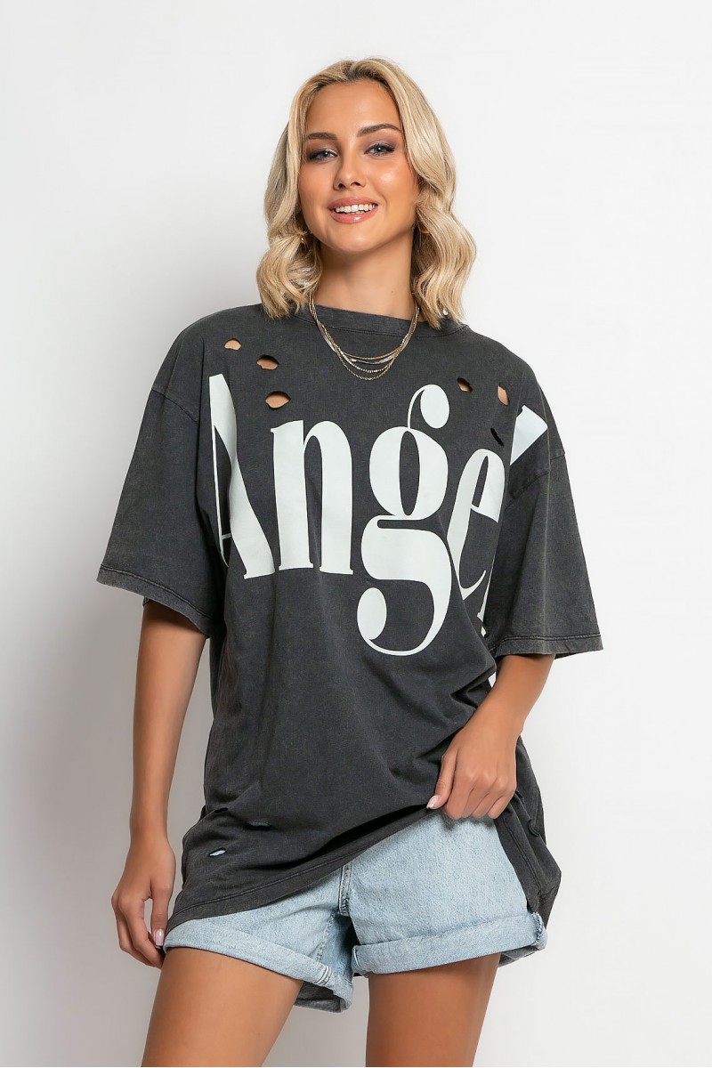 Oversized μπλούζα με στάμπα (angel) και φθορές ανθρακί