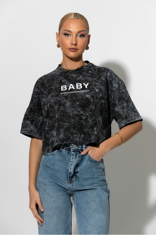 Cropped t-shirt με στάμπα baby ανθρακί Cropped t-shirt με στάμπα baby ανθρακί