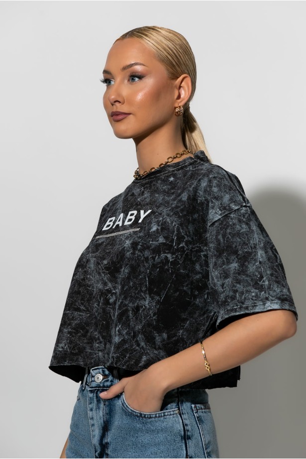 Cropped t-shirt με στάμπα baby ανθρακί Cropped t-shirt με στάμπα baby ανθρακί