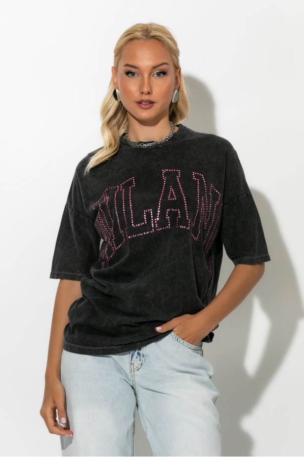 T-shirt με στρας milano γκρι T-shirt με στρας milano γκρι