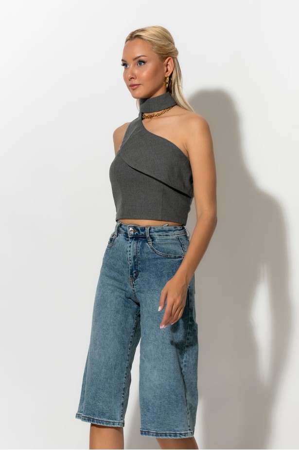 Crop top ασύμμετρο με choker λαιμόκοψη γκρι Crop top ασύμμετρο με choker λαιμόκοψη γκρι