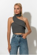 Crop top ασύμμετρο με choker λαιμόκοψη γκρι Crop top ασύμμετρο με choker λαιμόκοψη γκρι