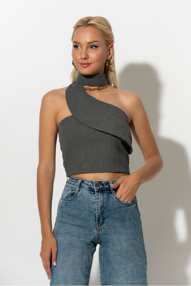 Crop top ασύμμετρο με choker λαιμόκοψη γκρι Crop top ασύμμετρο με choker λαιμόκοψη γκρι