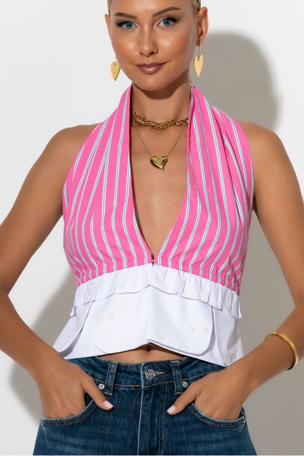 Crop top ριγέ με ανοιχτή πλάτη ροζ Crop top ριγέ με ανοιχτή πλάτη ροζ