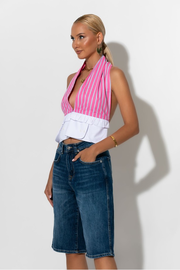 Crop top ριγέ με ανοιχτή πλάτη ροζ Crop top ριγέ με ανοιχτή πλάτη ροζ