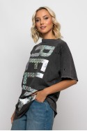 Oversized μπλούζα με φθορές και στάμπα foil (relax) ανθρακί Oversized μπλούζα με φθορές και στάμπα foil (relax) ανθρακί