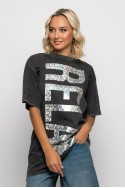 Oversized μπλούζα με φθορές και στάμπα foil (relax) ανθρακί Oversized μπλούζα με φθορές και στάμπα foil (relax) ανθρακί