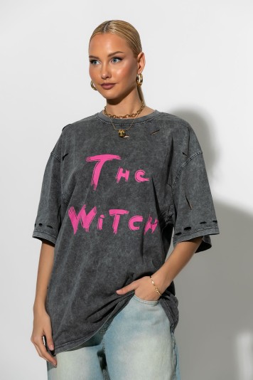 Oversized t-shirt με στάμπα witch και φθορές γκρι