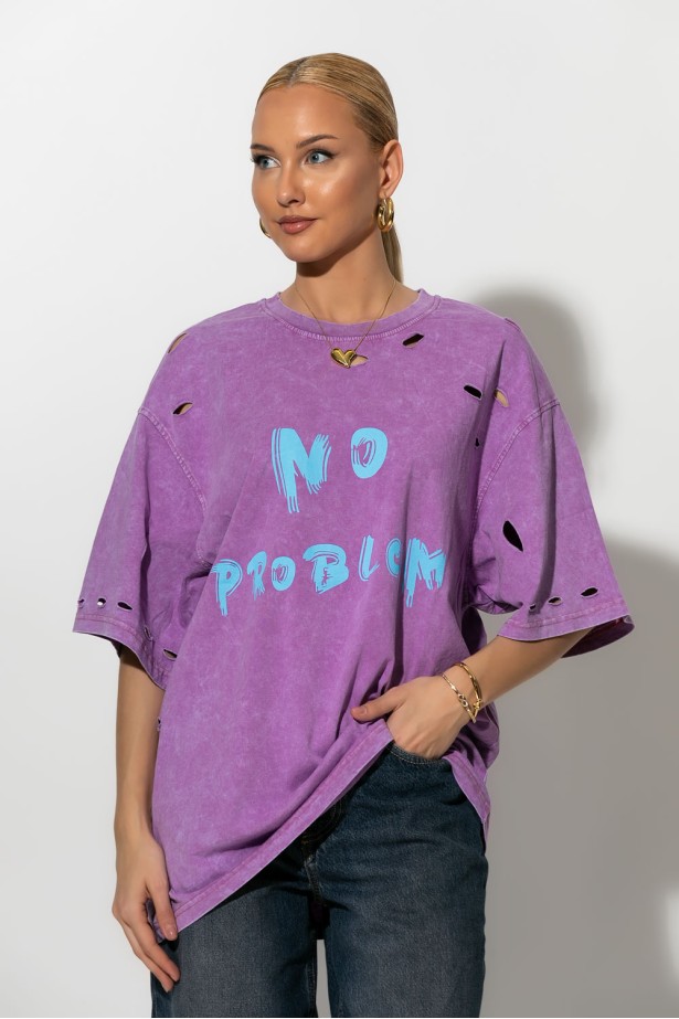 Oversized t-shirt με στάμπα no problem μωβ Oversized t-shirt με στάμπα no problem μωβ