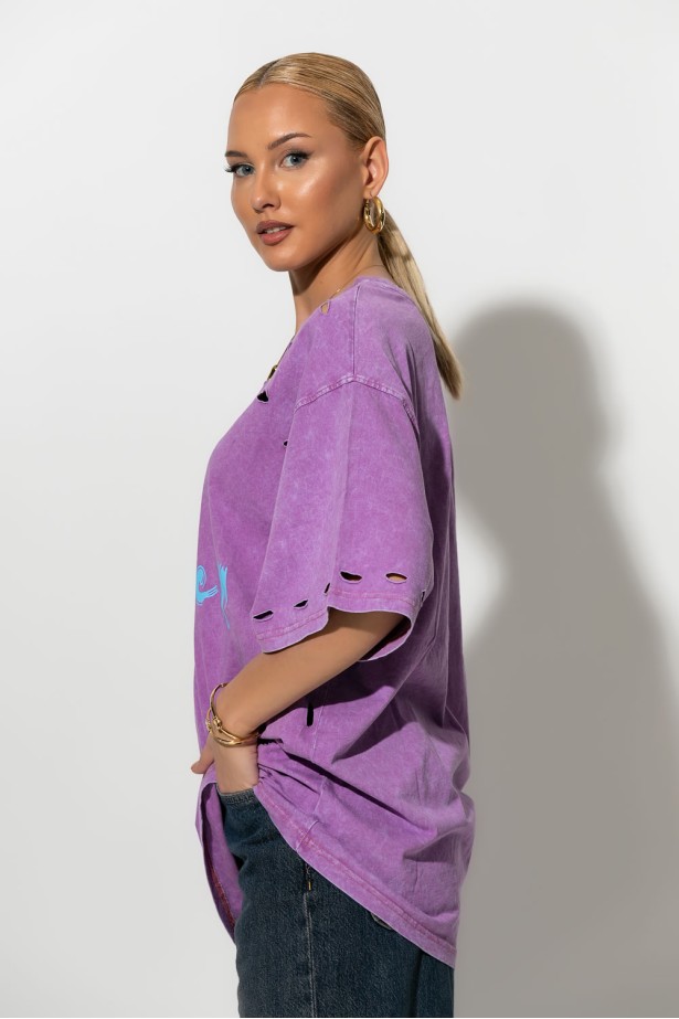 Oversized t-shirt με στάμπα no problem μωβ Oversized t-shirt με στάμπα no problem μωβ