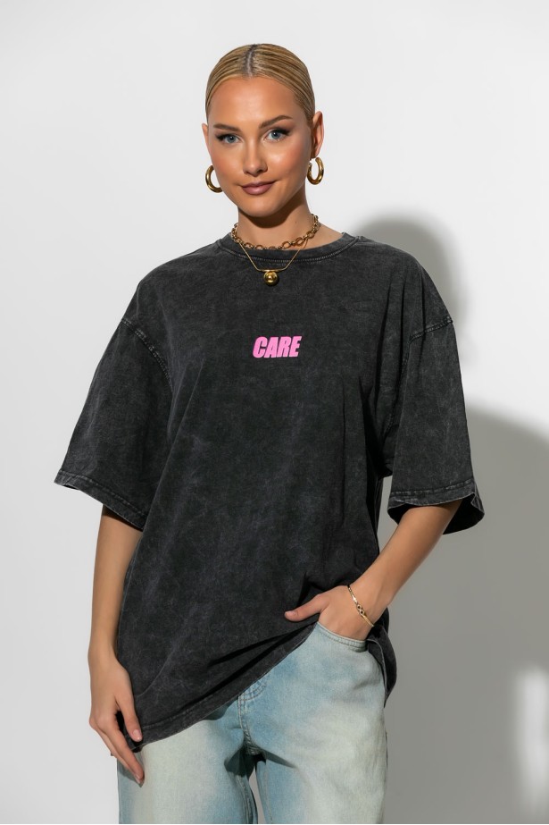 Oversized t-shirt με στάμπα care ανθρακί Oversized t-shirt με στάμπα care ανθρακί