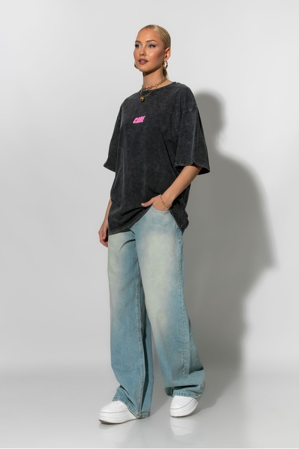 Oversized t-shirt με στάμπα care ανθρακί Oversized t-shirt με στάμπα care ανθρακί
