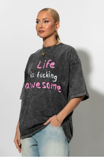 Oversized T-shirt με στάμπα life is awesome ανθρακί