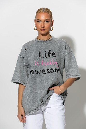 Oversized T-shirt με στάμπα life is awesome ανθρακί