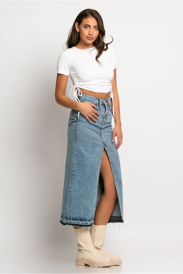Jean φούστα μίντι χωρίς τελειώματα blue denim Jean φούστα μίντι χωρίς τελειώματα blue denim