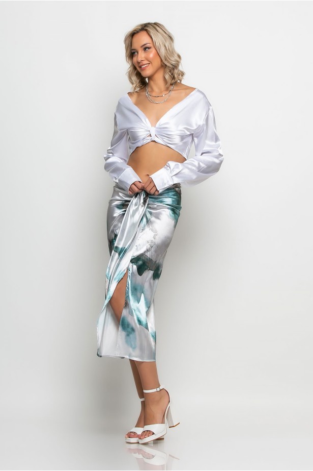 Φούστα μίντι τύπου σατέν tie dye print πετρόλ Φούστα μίντι τύπου σατέν tie dye print πετρόλ