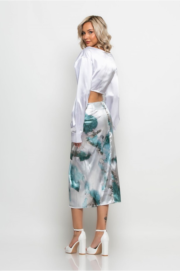 Φούστα μίντι τύπου σατέν tie dye print πετρόλ Φούστα μίντι τύπου σατέν tie dye print πετρόλ