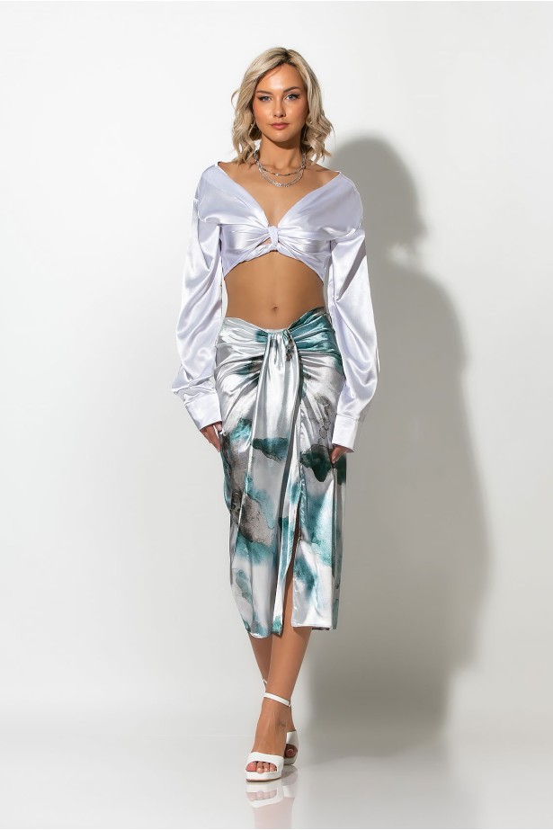 Φούστα μίντι τύπου σατέν tie dye print πετρόλ Φούστα μίντι τύπου σατέν tie dye print πετρόλ