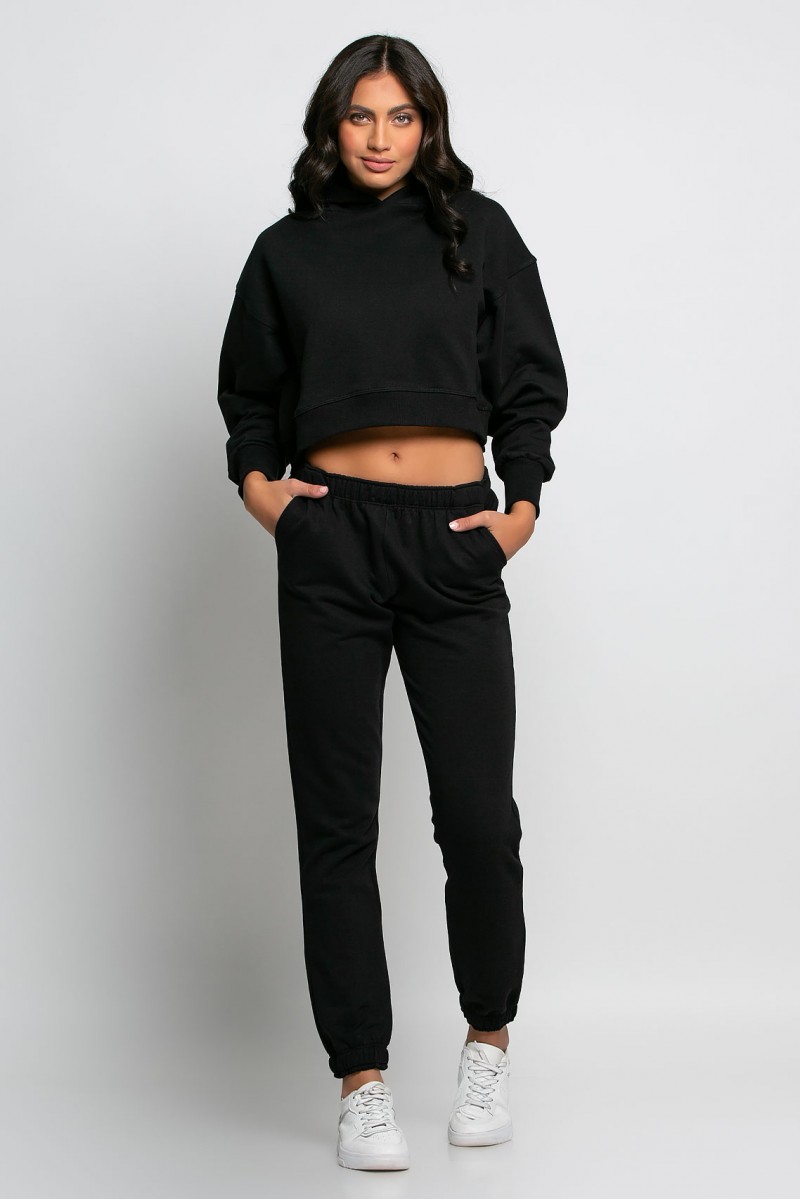 Σετ παντελόνι και cropped μπλούζα φούτερ με κουκούλα μαύρο