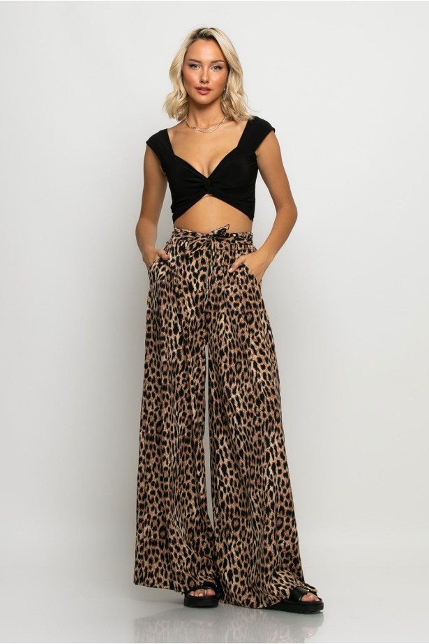 Παντελόνα με ζωνάκι και λάστιχο στην μέση leopard print μπεζ σκούρο Παντελόνα με ζωνάκι και λάστιχο στην μέση leopard print μπεζ σκούρο