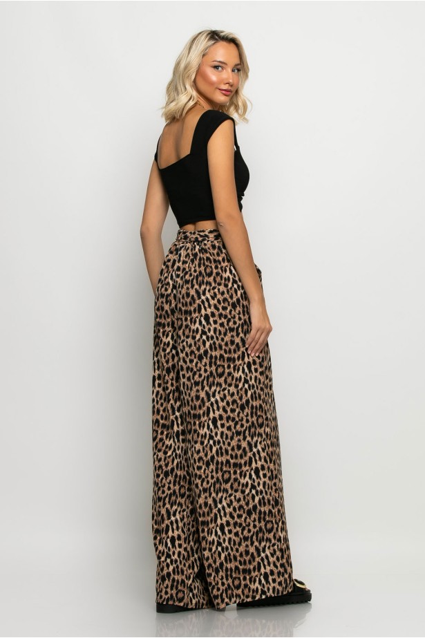Παντελόνα με ζωνάκι και λάστιχο στην μέση leopard print μπεζ σκούρο Παντελόνα με ζωνάκι και λάστιχο στην μέση leopard print μπεζ σκούρο