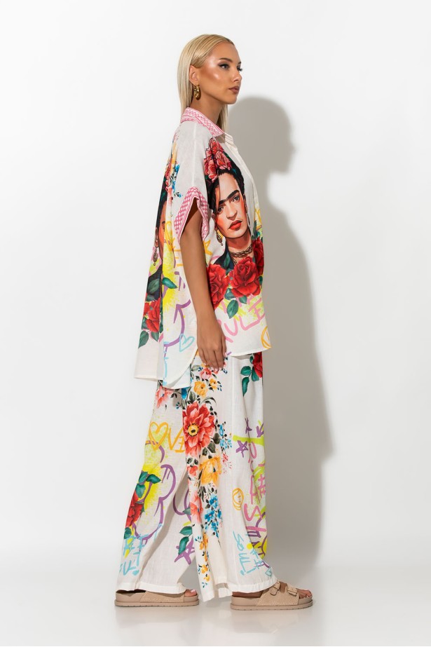 Παντελόνα με λινό και print frida μπεζ Παντελόνα με λινό και print frida μπεζ
