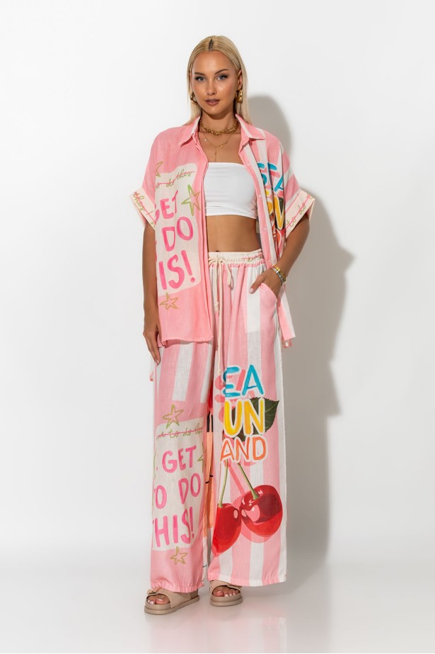 Παντελόνα με λινό και print mini frida μπεζ Παντελόνα με λινό και print mini frida μπεζ