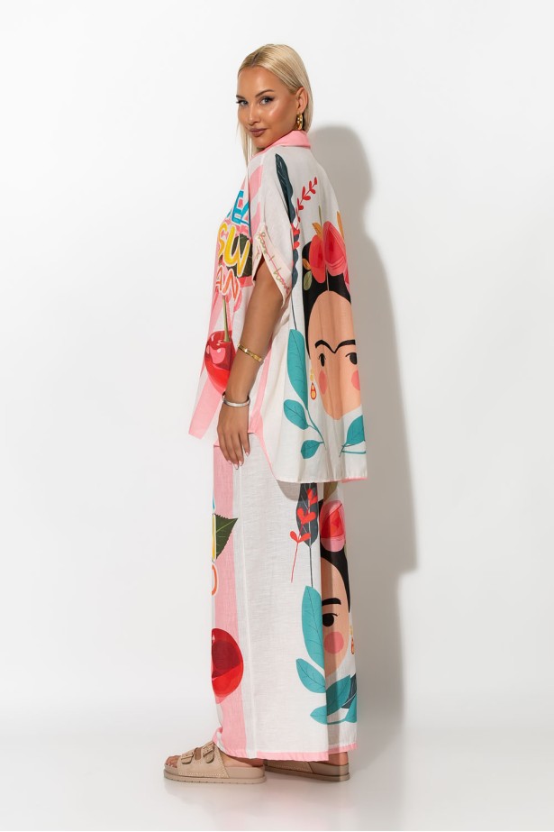 Παντελόνα με λινό και print mini frida μπεζ Παντελόνα με λινό και print mini frida μπεζ
