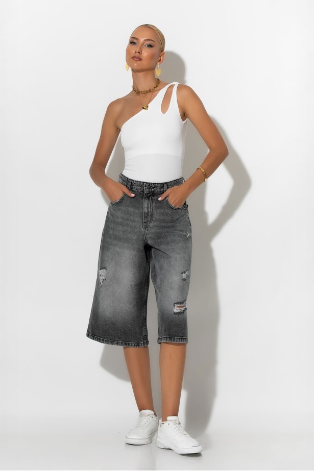 Jean baggy βερμούδα με φθορές ανθρακί Jean baggy βερμούδα με φθορές ανθρακί